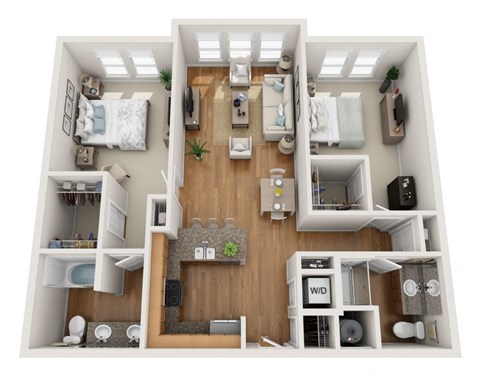 Floor plan for 2 beds, 2 baths, 1099 sqft